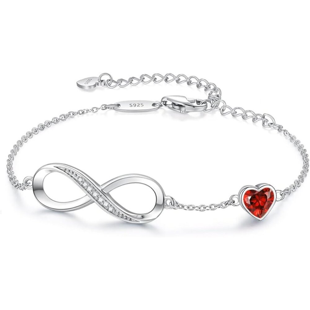 Infinity Heart Birthstone Link Bracelet - Silver January